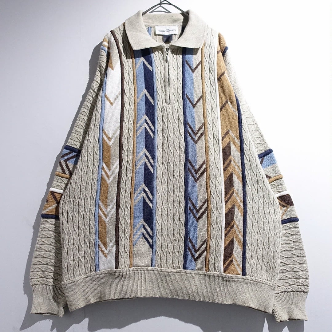 EURO Beige Geometric 3D Design Half-Zip Knit Polo