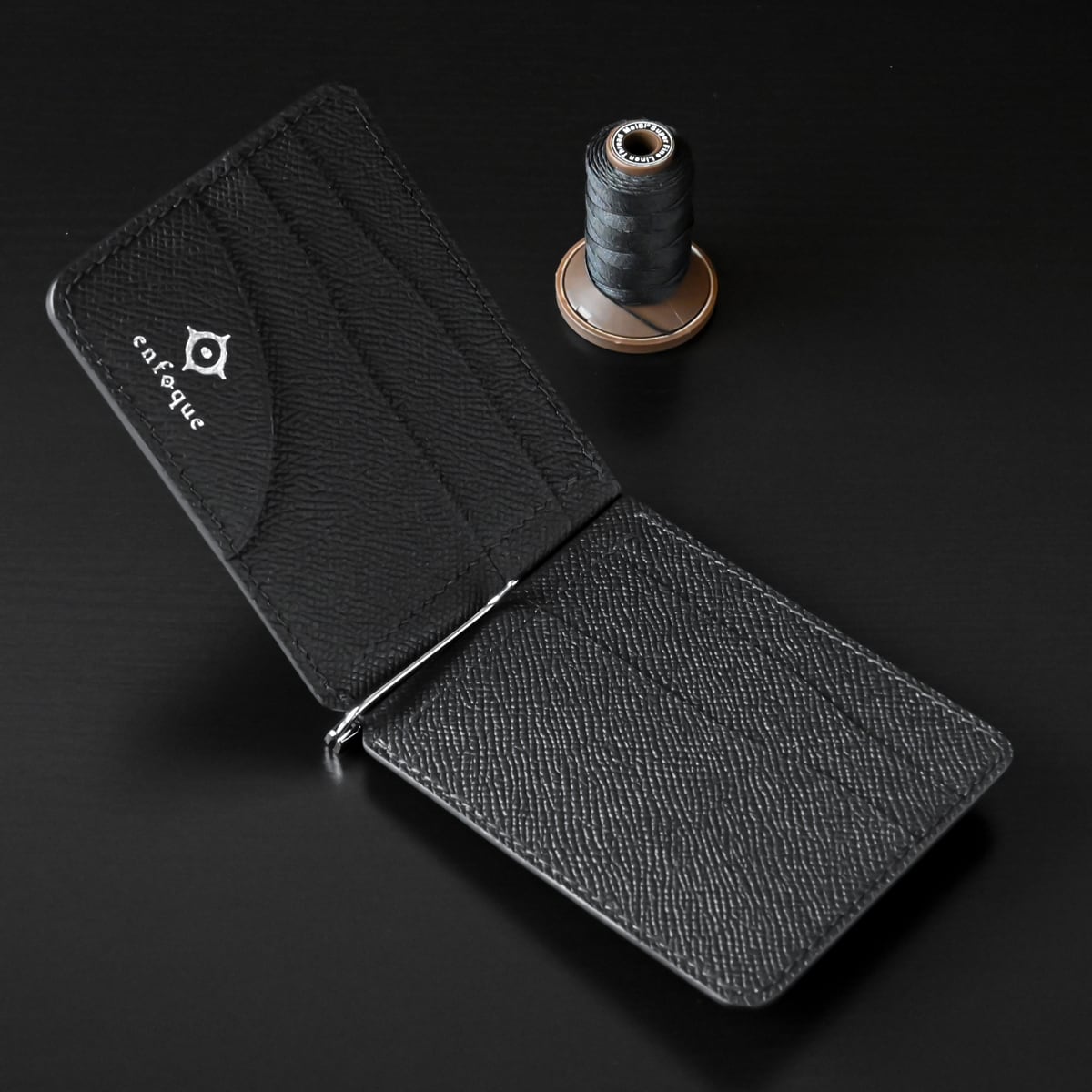 手縫い仕立てのマネークリップ財布【薄型 】 黒桟革&フレンチカーフ