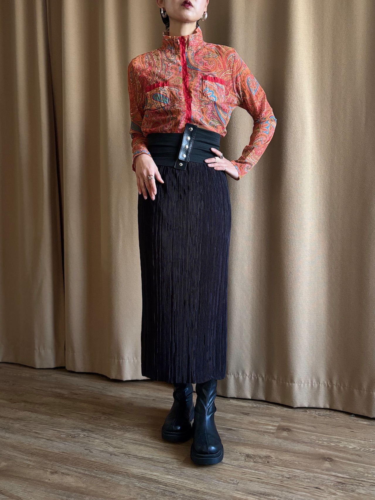 paisley pattern sheer high neck tops-5134-1