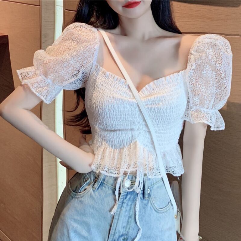 シャツ サマースリーブレースショートトップス レディース 夏物 スクウェア ハンチェンe82617622201