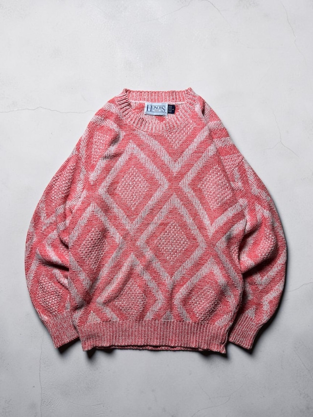 Honors Mens Cotton Blend Textured Geometric Pattern Crewneck Knit Sweater Coral Pink