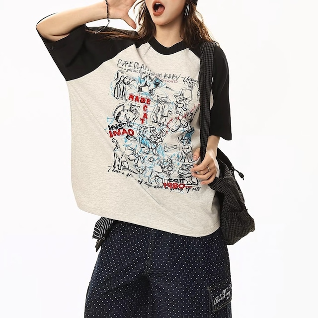アニマルドローインググラフィックラグランTシャツ 2col R02079