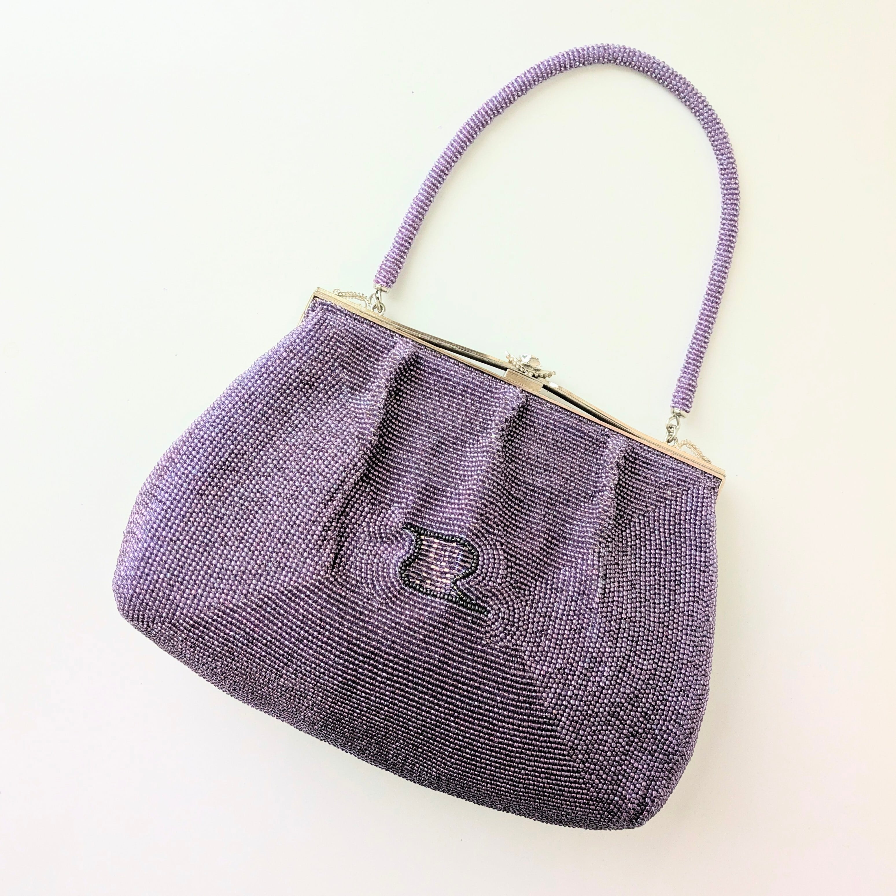 ヴィンテージ ビーズ刺繍 パーティーバッグ　難あり Vintage】ビーズ刺繍バッグ 藤色 流水文 パーティーバッグ クラッチ
