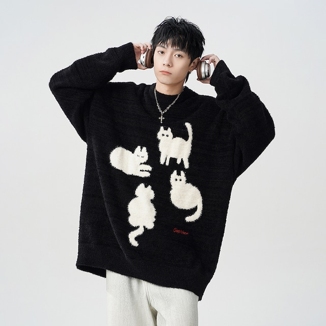 【Vesiboシリーズ】★セーター★ 2color ニットトップス 男女兼用 メンズ 猫 ねこ ネコ ブラック ホワイト 黒 白