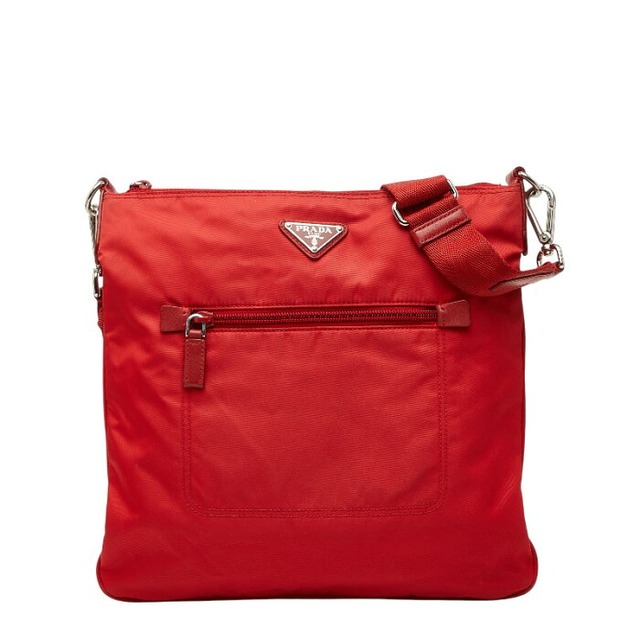 プラダ 三角ロゴプレート テスート ショルダーバッグ BT0715 レッド ナイロン レザー レディース PRADA 【中古】