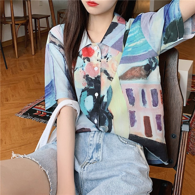 個性的 シャツ 半袖  プリント イラスト かわいい レトロ クール ブルー 海 韓国ファッション ガラ オルチャン 552