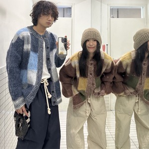 longroadペアルック格子柄ニットカーディガン