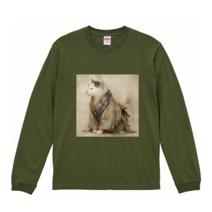 「古都に佇む、凛とした江戸猫」ロングTシャツ リブ付 / "A dignified cat standing in the ancient capital" long-sleeved T-shirt with ribbing