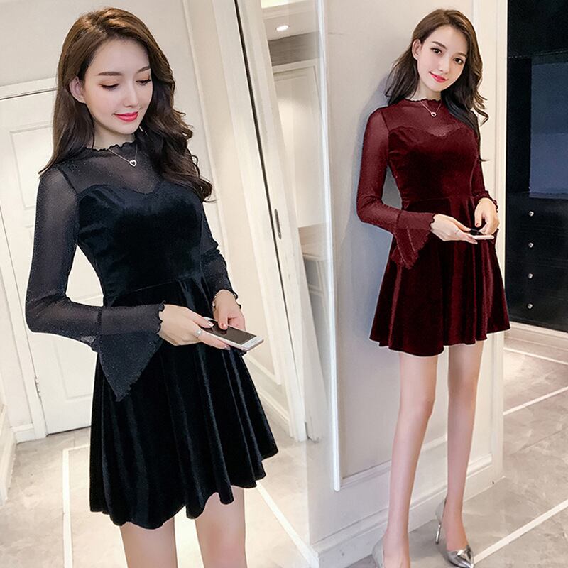 【新作】【送料無料】 ゴールドベルベットドレス秋と冬の新しい女性のヘップバーンリトルブラックドレス痩身ドレス長袖ボトスカート 0216510109001