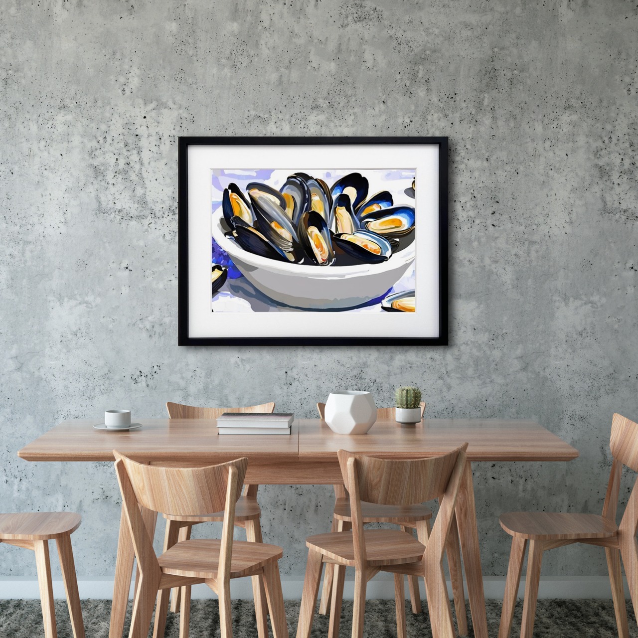 ムール貝のある食卓｜ブルーとオレンジが織りなす美食アートポスター｜キッチンやダイニングを彩る上質なモダンインテリアA3ポスター