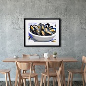 ムール貝のある食卓｜ブルーとオレンジが織りなす美食アートポスター｜キッチンやダイニングを彩る上質なモダンインテリアA3ポスター