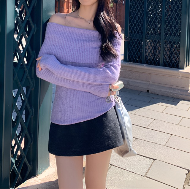 Sweater slim fit off shoulder tops【H00348】