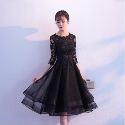 ドレス 結婚式  披露宴 二次会 フォーマル ワンピース イブニングドレス ミディ丈 華やか エレガント パーティドレス Aライン レース 七分袖