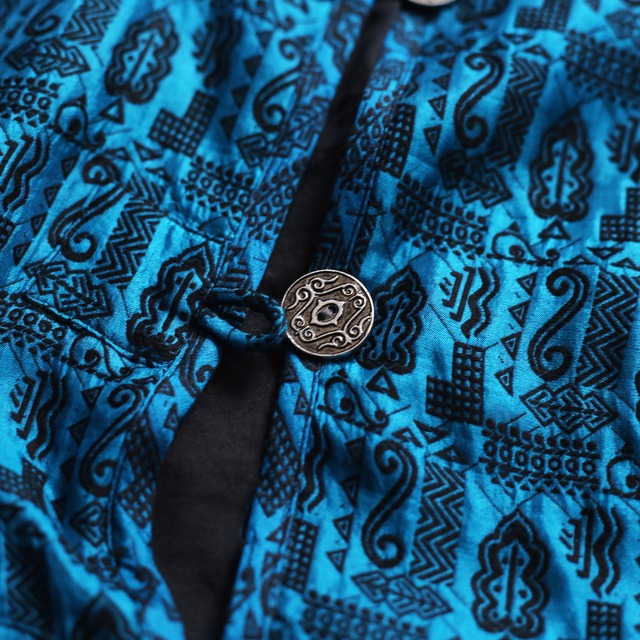 turquoise blue geometry pattern l/s china shirt