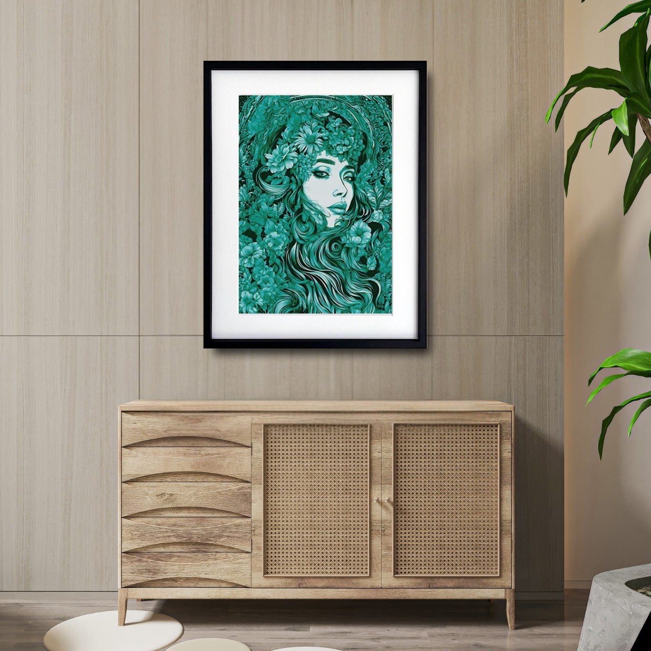 Emerald Muse｜花と女性が融合した幻想的アートポスター｜癒しと感性を呼び覚ますエメラルドの世界A4ポスター