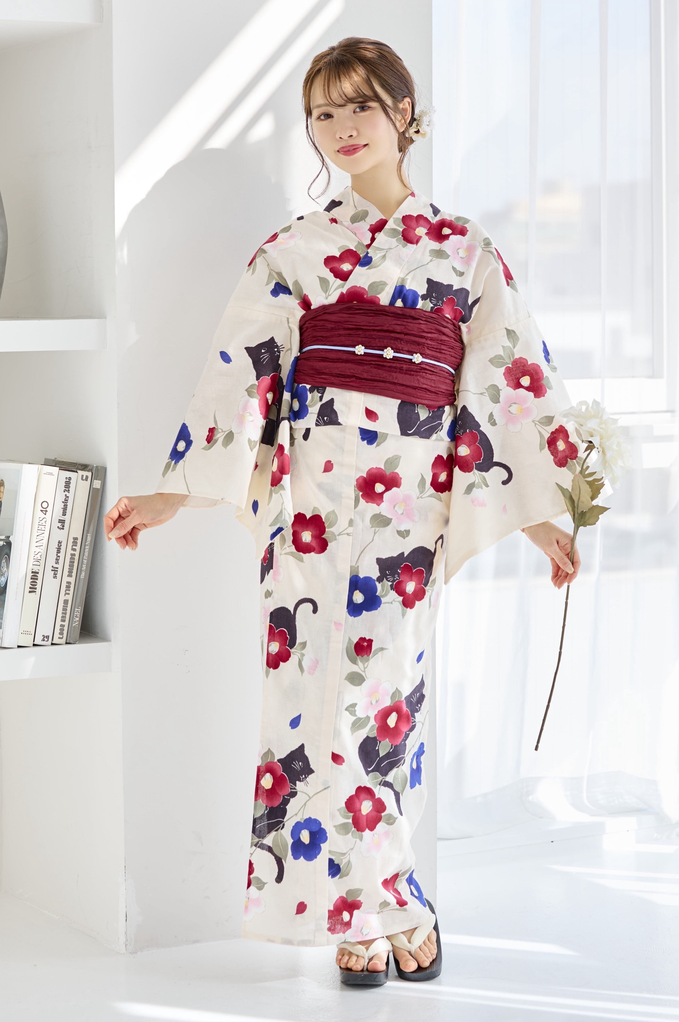 浴衣4点セット黒猫つばき重ね Y4-42 | ANDESIR【アンデジール