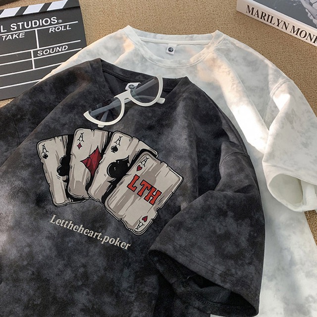 ♥絞り染めトランプ柄Tシャツ!【BOZIシリーズ】★Tシャツ★ 6color トップス 半袖 ユニセックス メンズ 大きいサイズ スエード