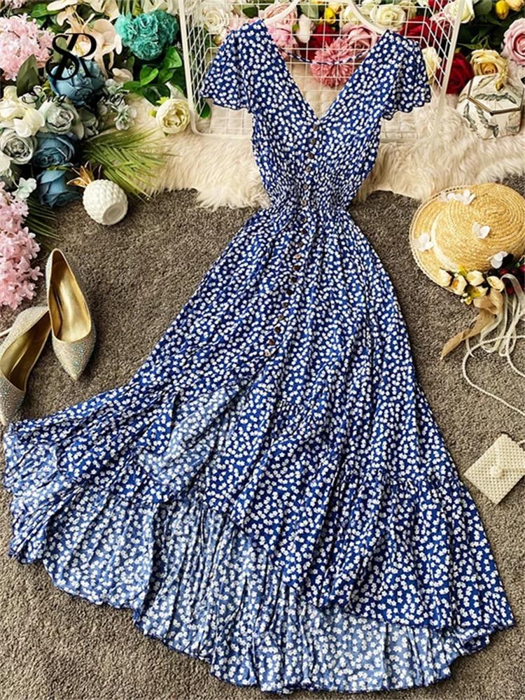 女性のための花柄のロングドレス、ボヘミアンスタイル、不規則、背中の開いた、ヴィンテージ、綿100% 、ビーチドレス、夏、2024_185