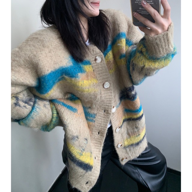 【即納】multicolor shaggy knit cardigan　マルチカラーシャギーニットカーディガン　J1762　Mサイズ