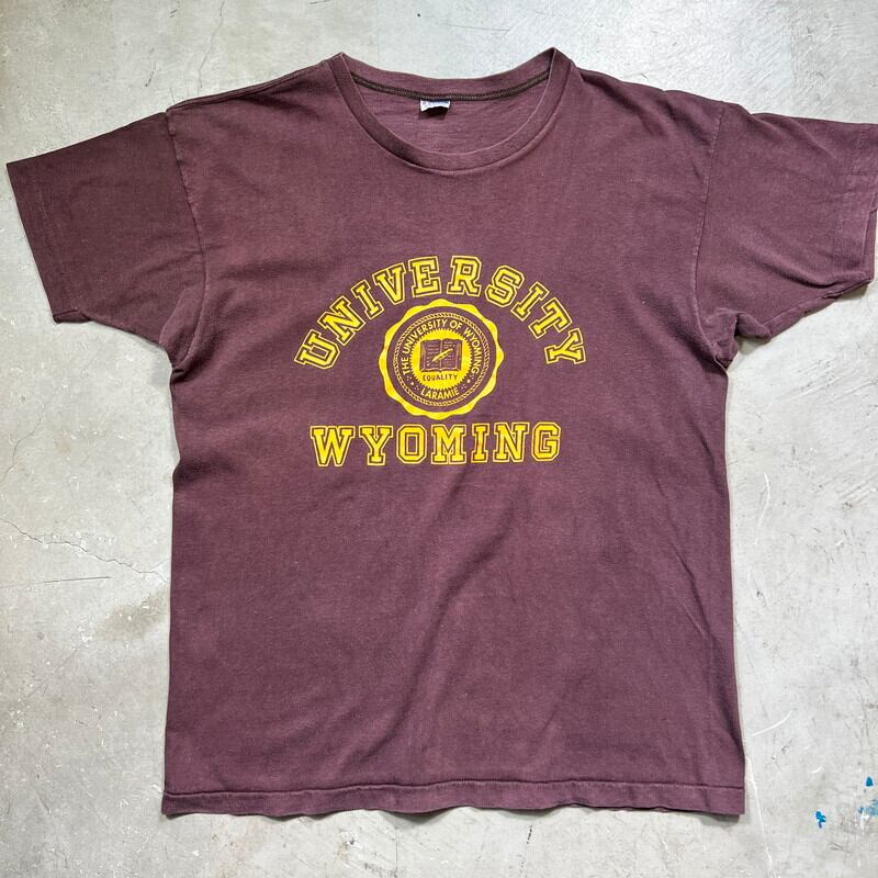 70's Champion チャンピオン カレッジTee バータグ UNIVERSITY WYOMING ワイオミング大学 エンジ フェード X-LARGE USA製 コットン100% 希少 ヴィンテージ BA-1848 RM2267H