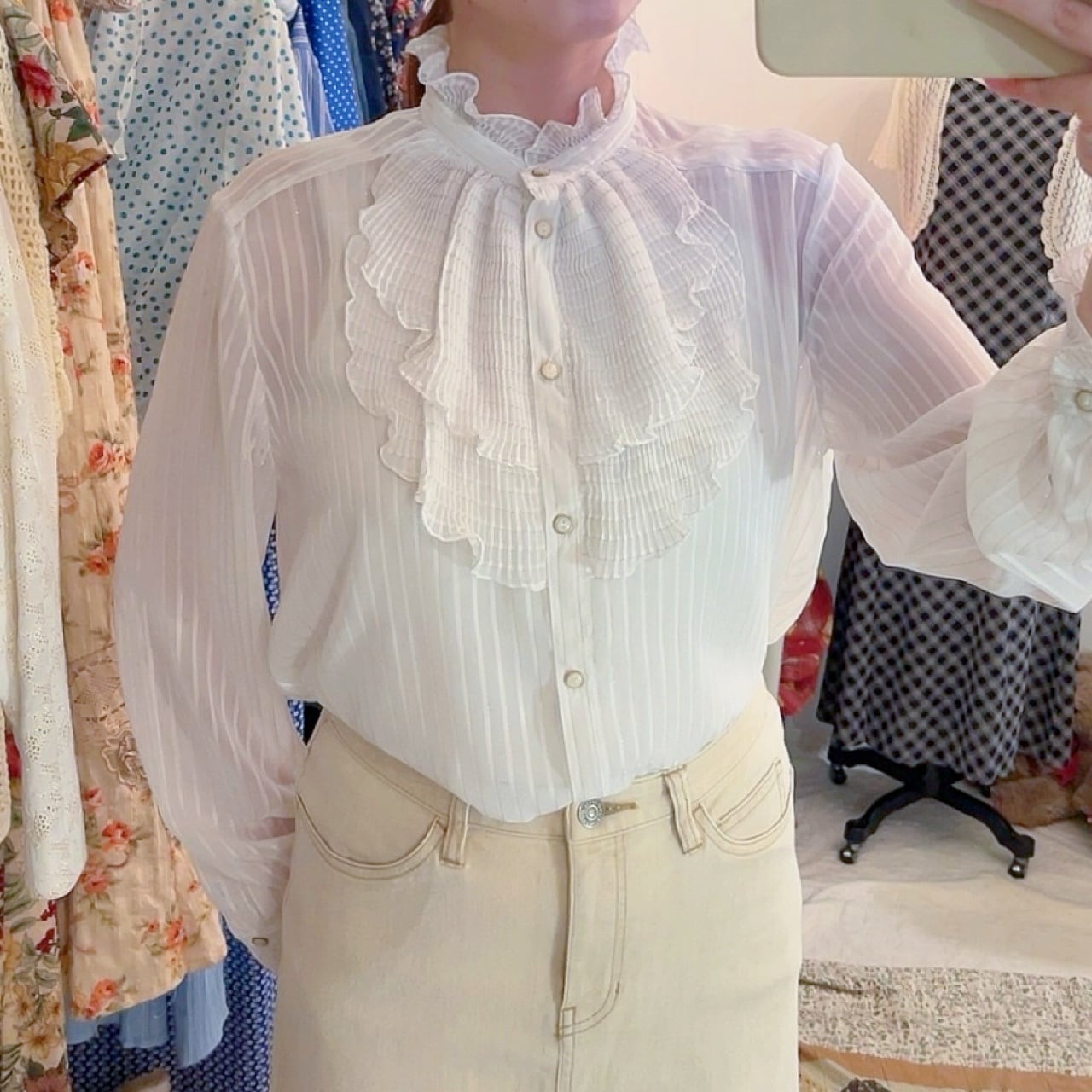 lame stripe sheer frill blouse