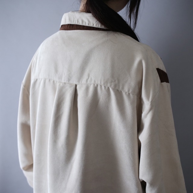 geometry patch and switching pattern over silhouette fake suede shirt