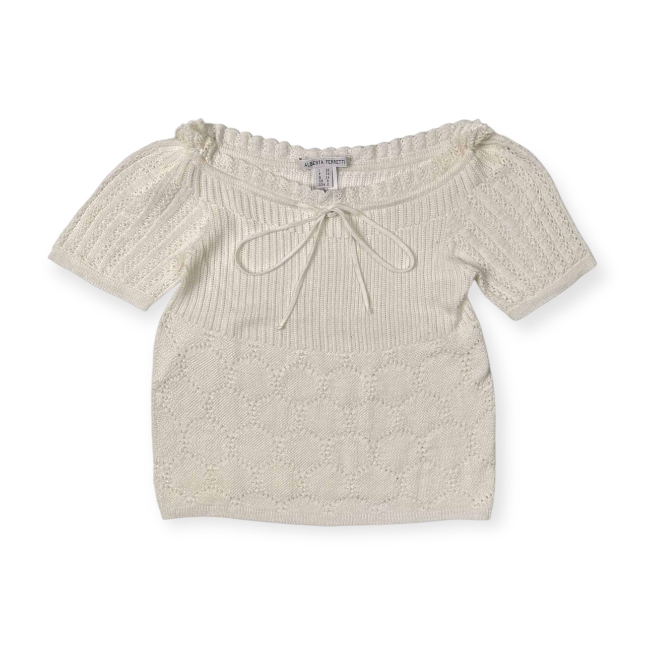 イタリア製 ALBERTA FERRETTI アルベルタフェレッティ 編み込み 半袖 コットンニット セーター サイズ 38 /ホワイト/ウールン商会