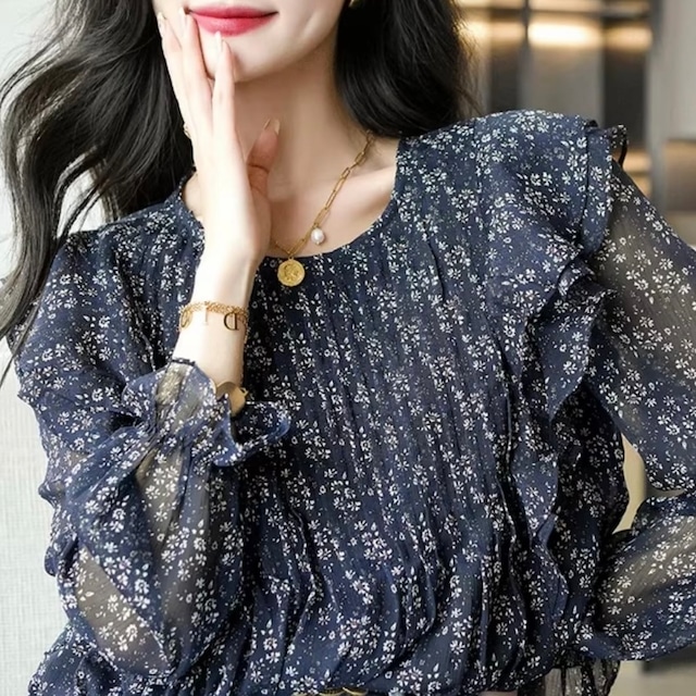 ruffle chiffon floral blouse<t2101>