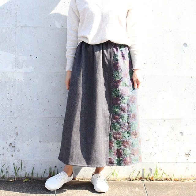 カンタ刺繍シルクとウールのスリットコンビスカート【ヘリンボーンB】