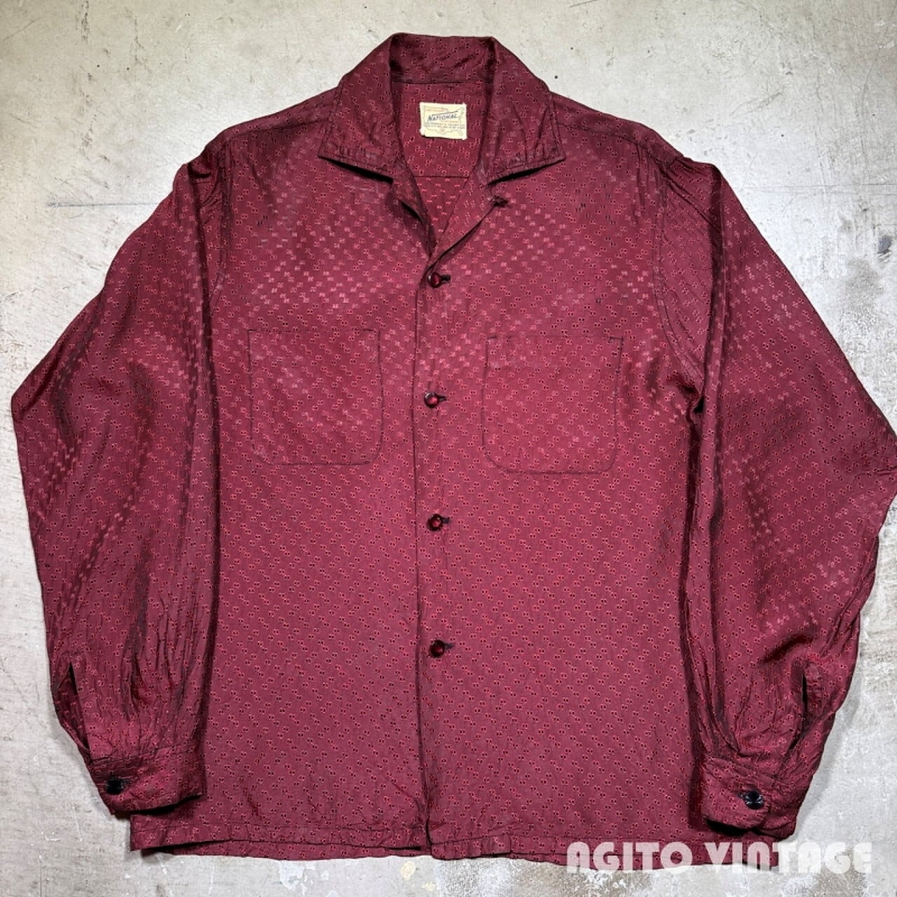 50's~ NATIONAL L/S オープンカラーシャツ 織柄 ポリエステル？ 化繊 エンジ 開襟シャツ 長袖 Mサイズ 50's~ NATIONAL ナショナル L/S オープンカラーシャツ 織柄