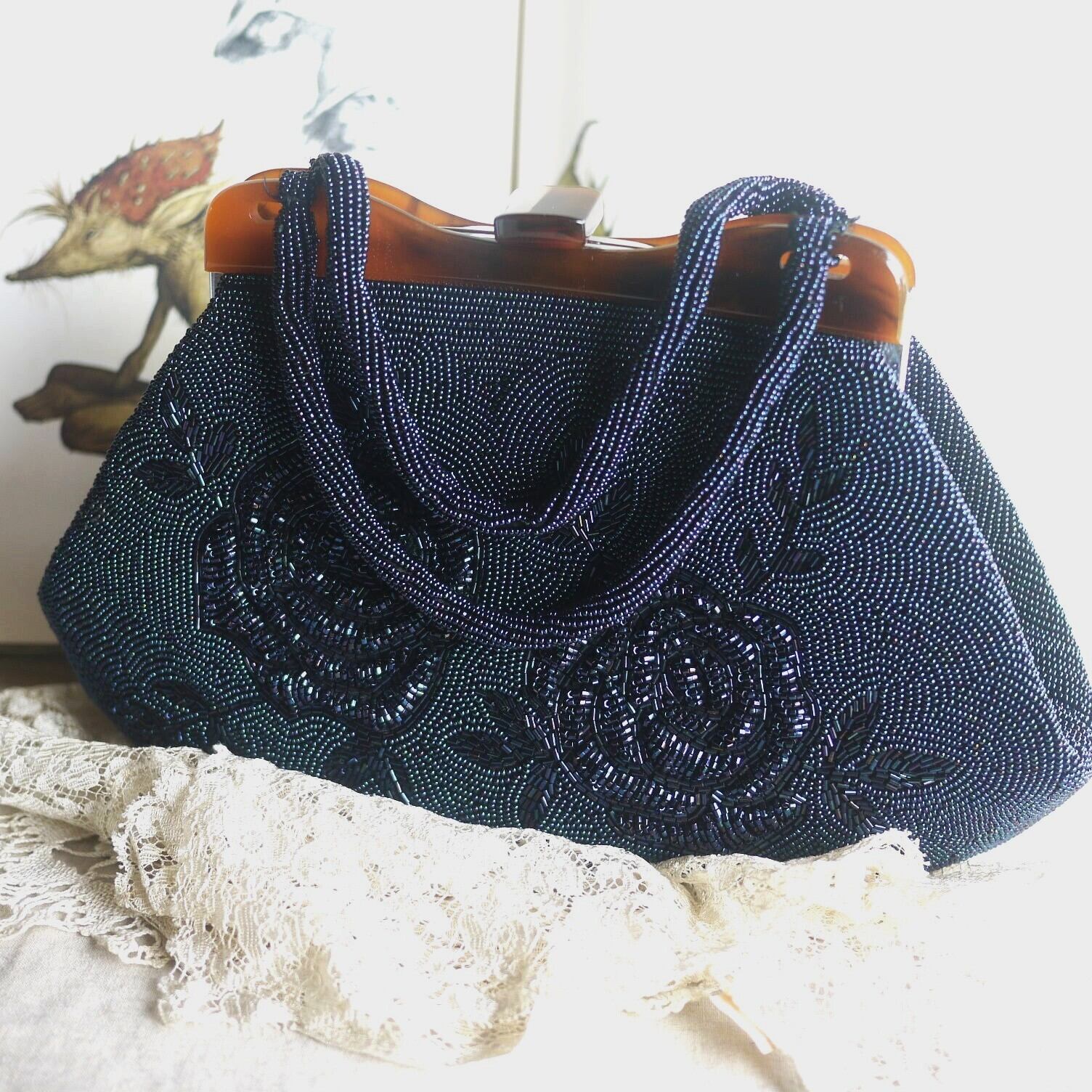 薔薇のハンドバッグ 総ビーズ レトロ 日本