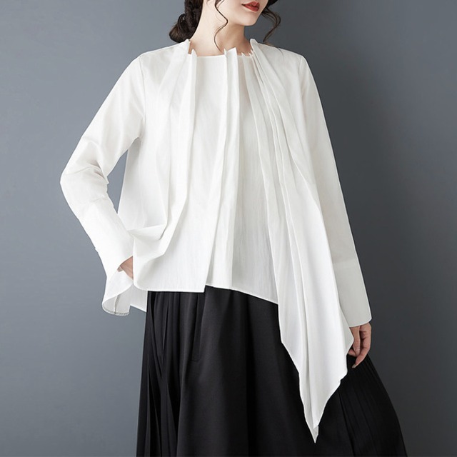 Asymmetric drape pleat blouse【2color】 C1493