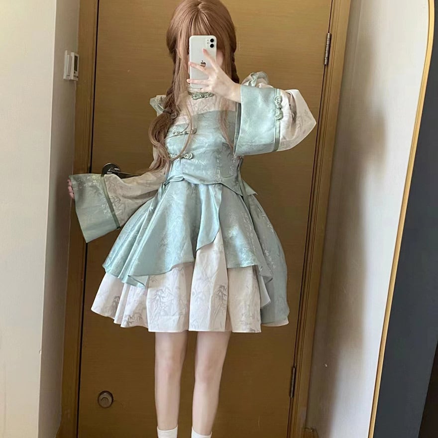 ワンピース ノースリーブ フリル ボリューム スタンドネック 中華