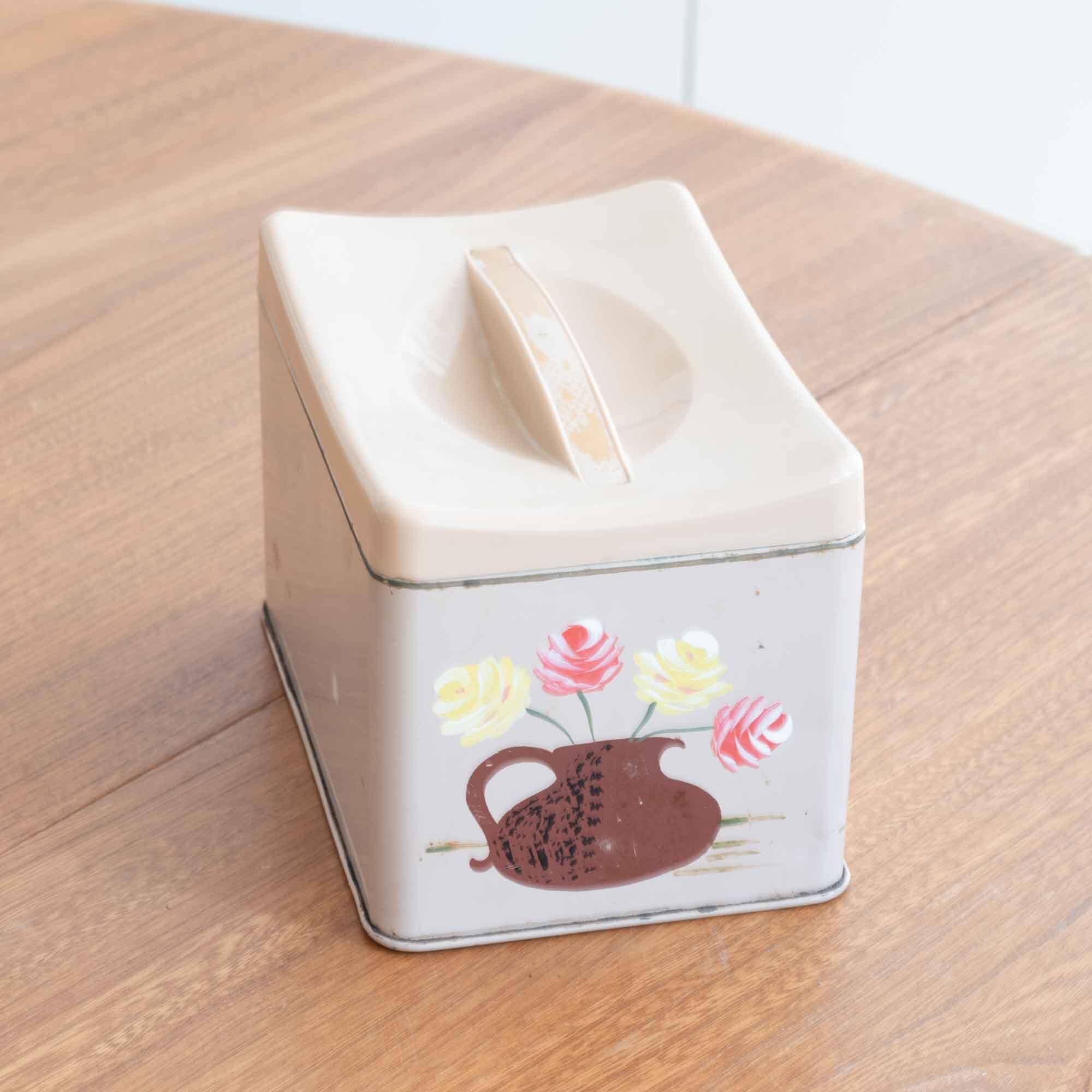 米国　RANSBURGSランズバーグ社製　長方形のメタルキャニスター　手書きのばら　単品 ピンクベージュ