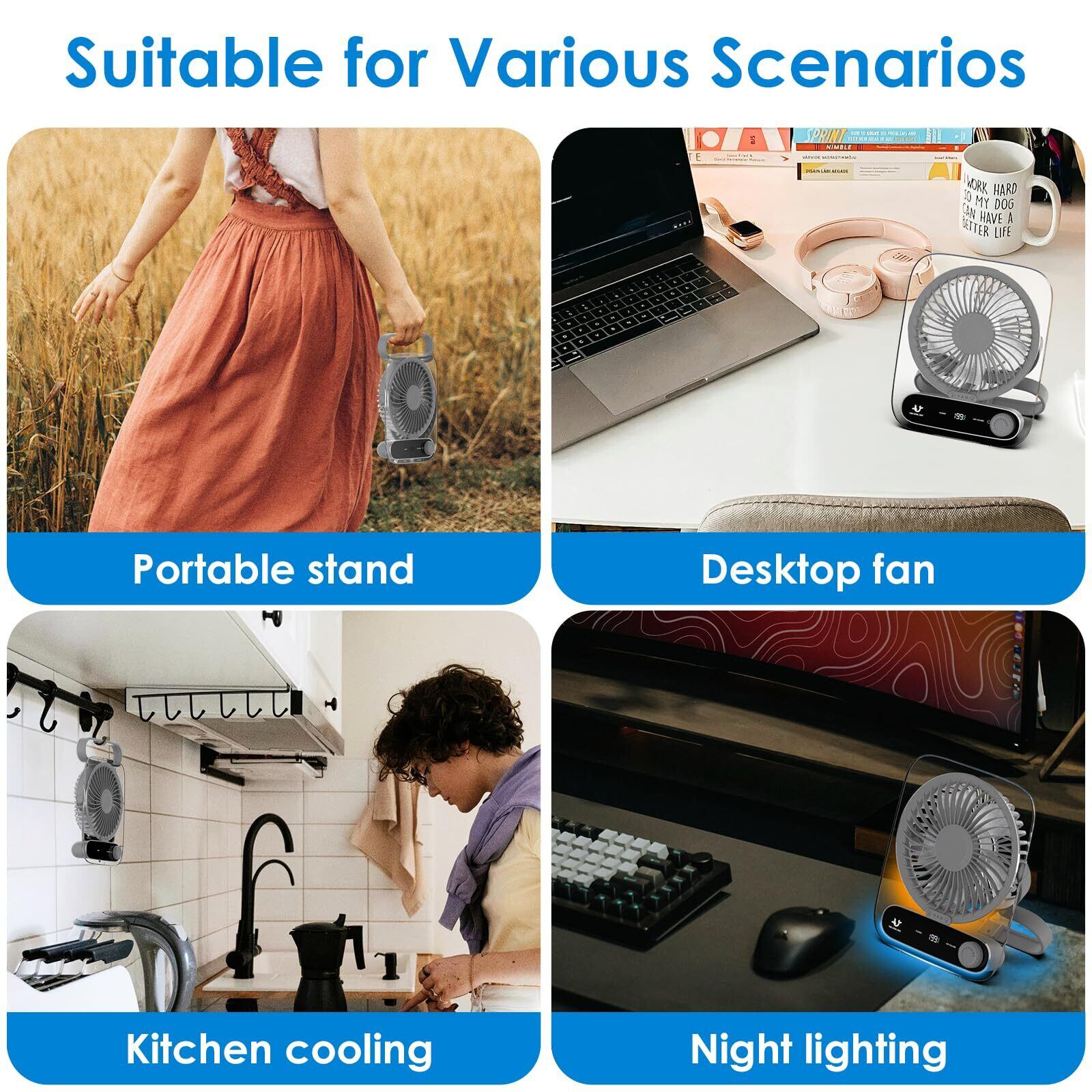 Simpeak Usb Fan Simpeak USB扇風機 199段階調整 充電式卓上扇風機 小型静音ファン、吊り下げ可能 照明付き ミニファン、オフィス/寝室/旅行/車内 ...