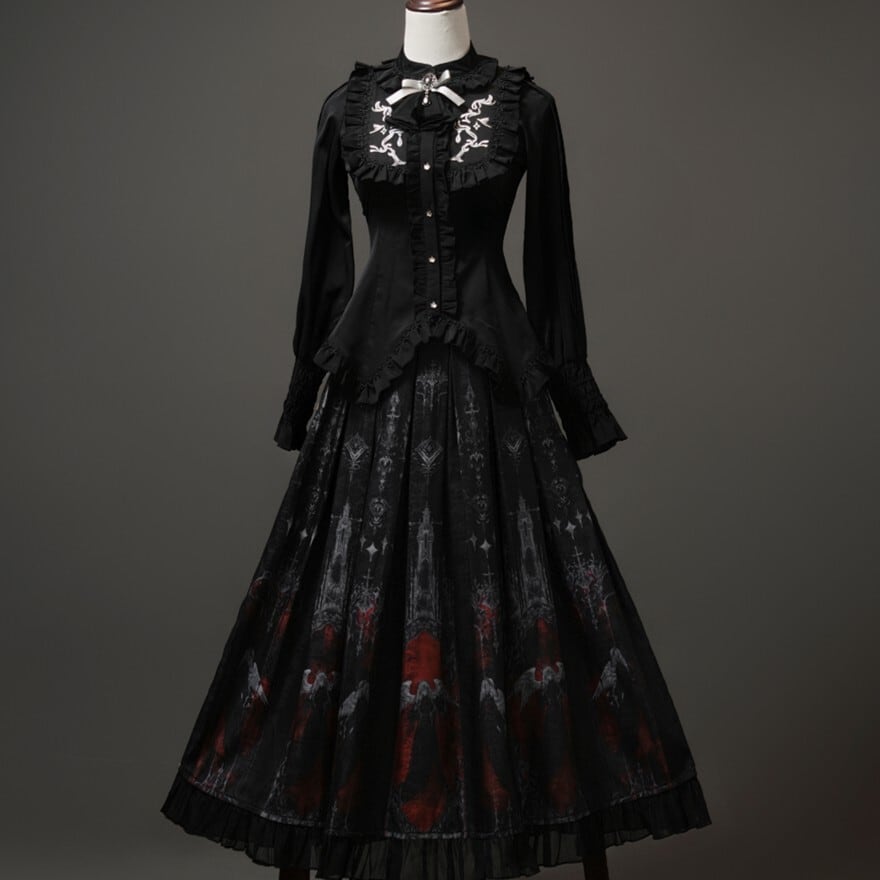 ゴシック刺繍フリルブラウス|胸元リボン&ビジュー付 華やか貴族風|天使と悪魔