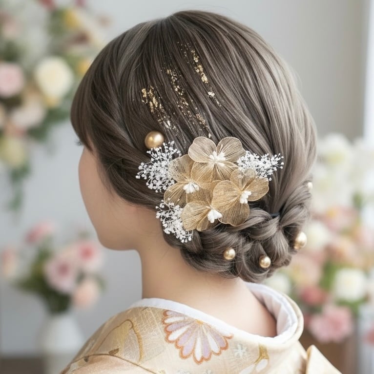 A278 ゴールドアクセサリー 髪飾り ドライフラワー パール ゴールド 成人式 振袖 結婚式 卒業式