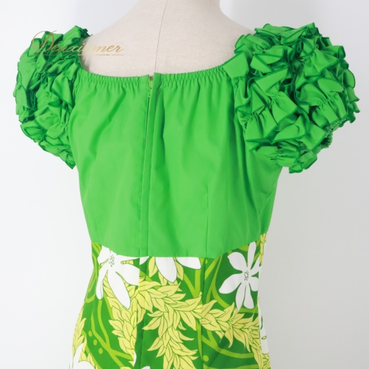 フラダンス 衣装 ワンピース ドレス グリーン系 アロハスタンダード 日本製 ティアレ柄 ALOHA STANDARDS フリル袖 ハワイアンプリント アロハ フラ ダンス レッスン 練習 華やか 鮮やか かわいい おしゃれ ホワイト系 イエロー系 フラダンス衣装 カジュアルウェア かわいいデザイン