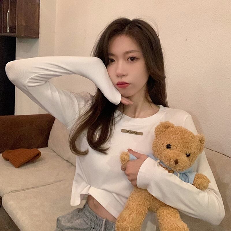 ホワイトTシャツ シャツ スプリングオータムスタイルショートクロップトップ トップス ロング 春物 秋物 試着室32378351623