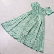 【美品 日本製 フラダンス衣装】グリーン Paondor パンドール ワンピース ドレス 緑 プルメリア柄 光沢 花柄 半袖 ハワイアン