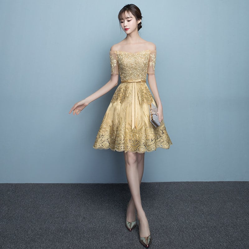 ゴールドオフショルダーパーティードレス 膝丈 結婚式 二次会 | silvia