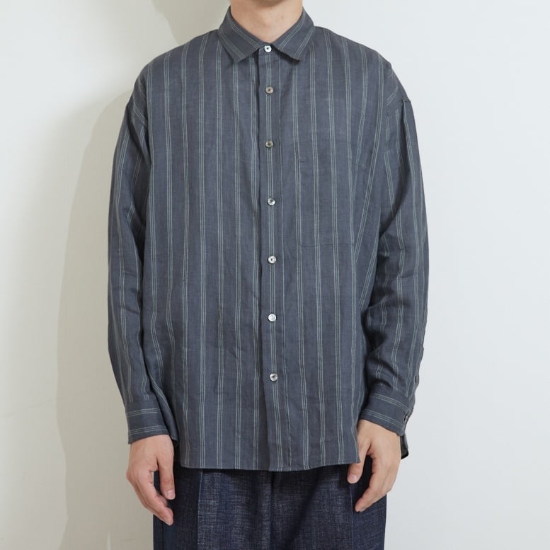 LINEN STRIPE BIG SH / リネンストライプBIGシャツ(NAVY) | KICS