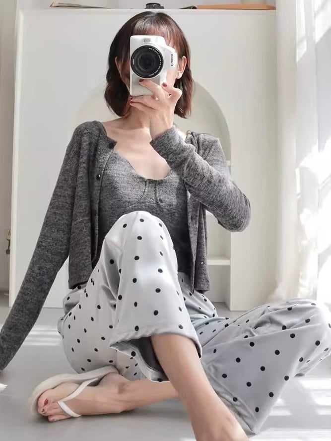 カーディガン付きドット柄パンツルームウェア3点セット【051003