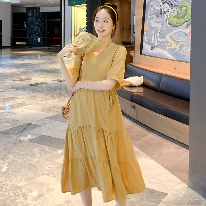 【新作】【送料無料】 マタニティウェア2020夏の新しいシフォンVネックウエストドローストリングドレスミドル丈ファッションマタニティドレス-アリババ サマー 夏物 expec274467459520