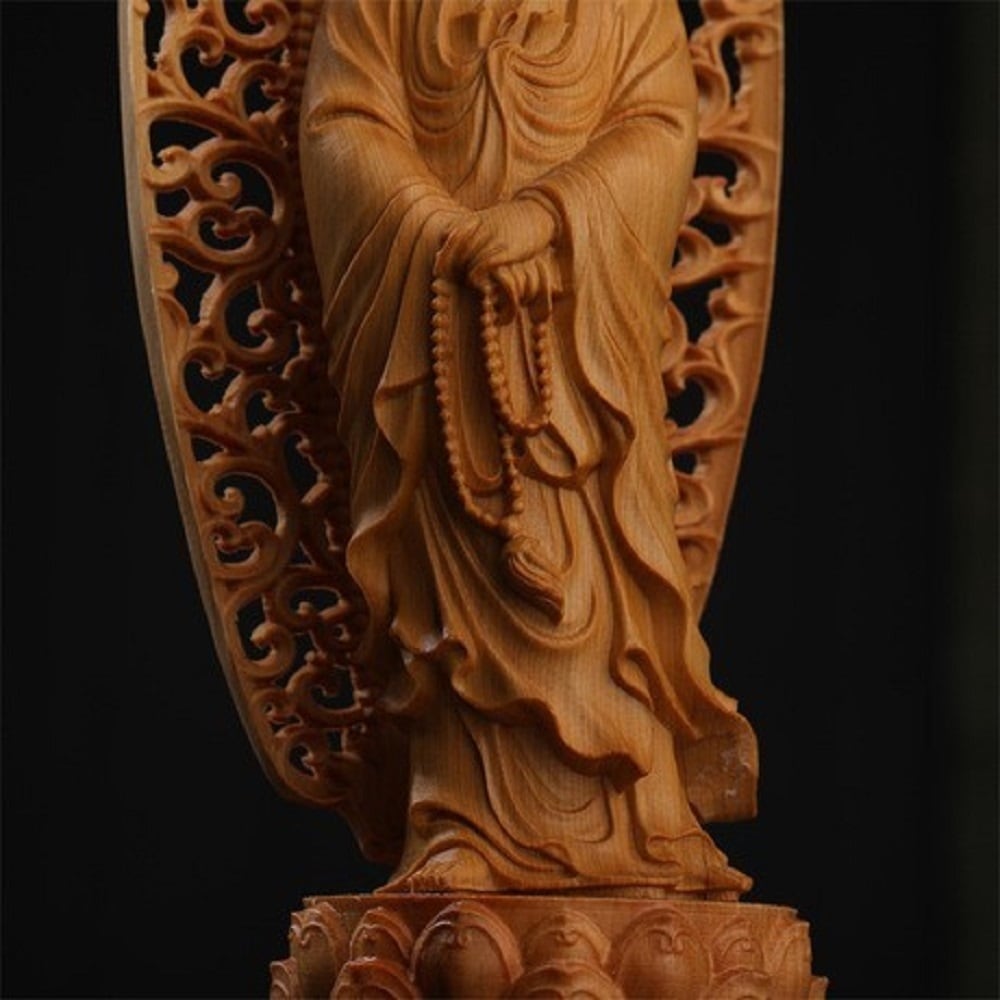 ツゲ別名観音菩薩　仏像　透かし背景　柘植彫刻　仏教美術　風水　厄払い　厄除け