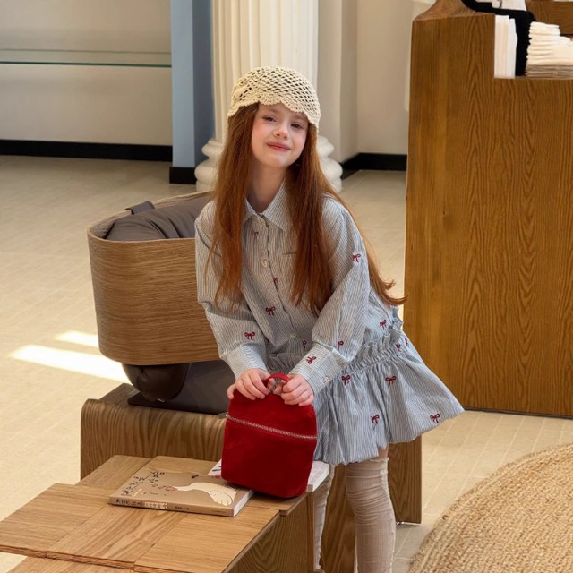 春リボン刺しゅうシャツワンピース