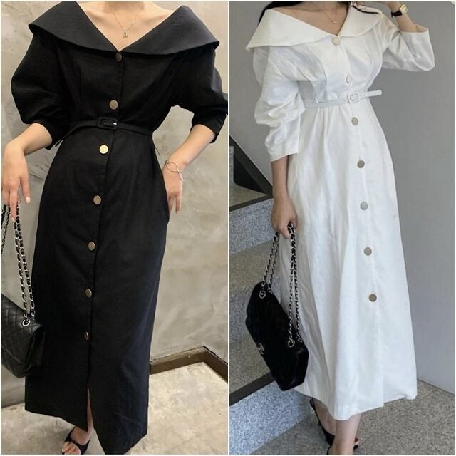 【予約販売】ワンピース レディース ロングワンピース オフショルダー 前ボタン ウエストマーク ホワイト きれいめ 大人可愛い 結婚式 エレガント おしゃれ こなれ感 韓国 トレンド フリー