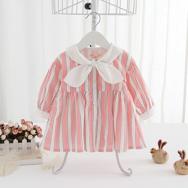 レトロストライプの長袖チュニックワンピ（ピンク）