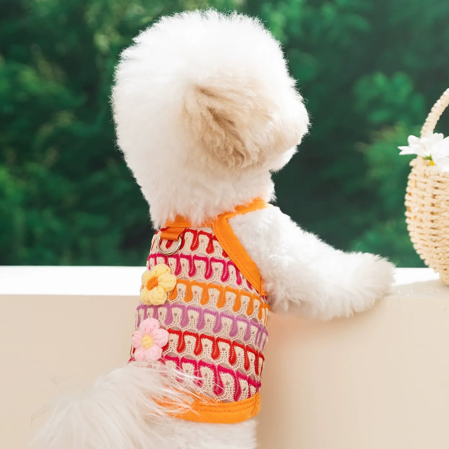 ハンドメイド♡犬服 お花のチュール重ねバルーンキャミワンピース(オレンジ） 予約】フラワーモチーフ編みキャミソール 小型犬 犬服 夏 | Pilialoha