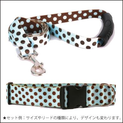 2 インチ Blue & Brown Polka Dot　首輪＋リードセット Mサイズ - Yellow Dog Design